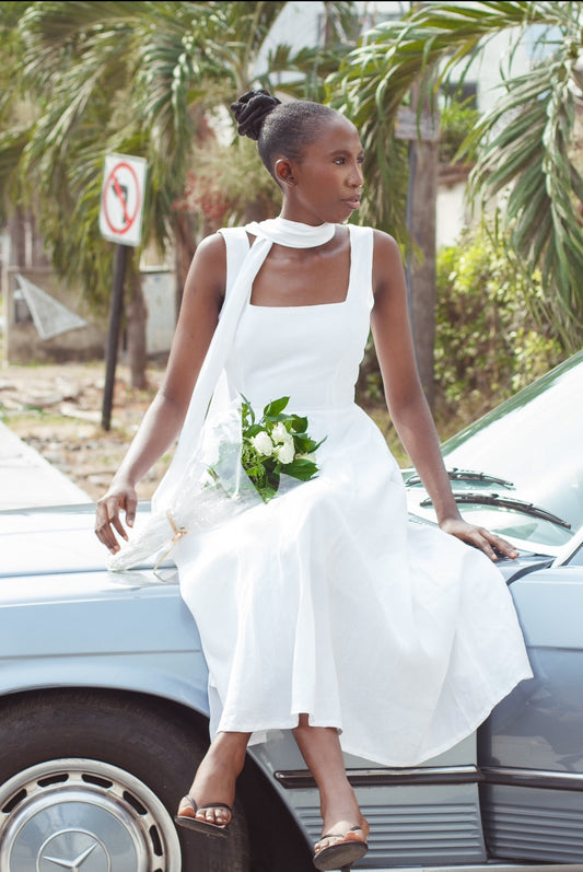 Linen Square-Neck A-Line Midi Dress