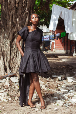 The Taiwo Ade Asymmetrical Puff-Sleeve Fit-and-Flare Dress in Textured Ivory
