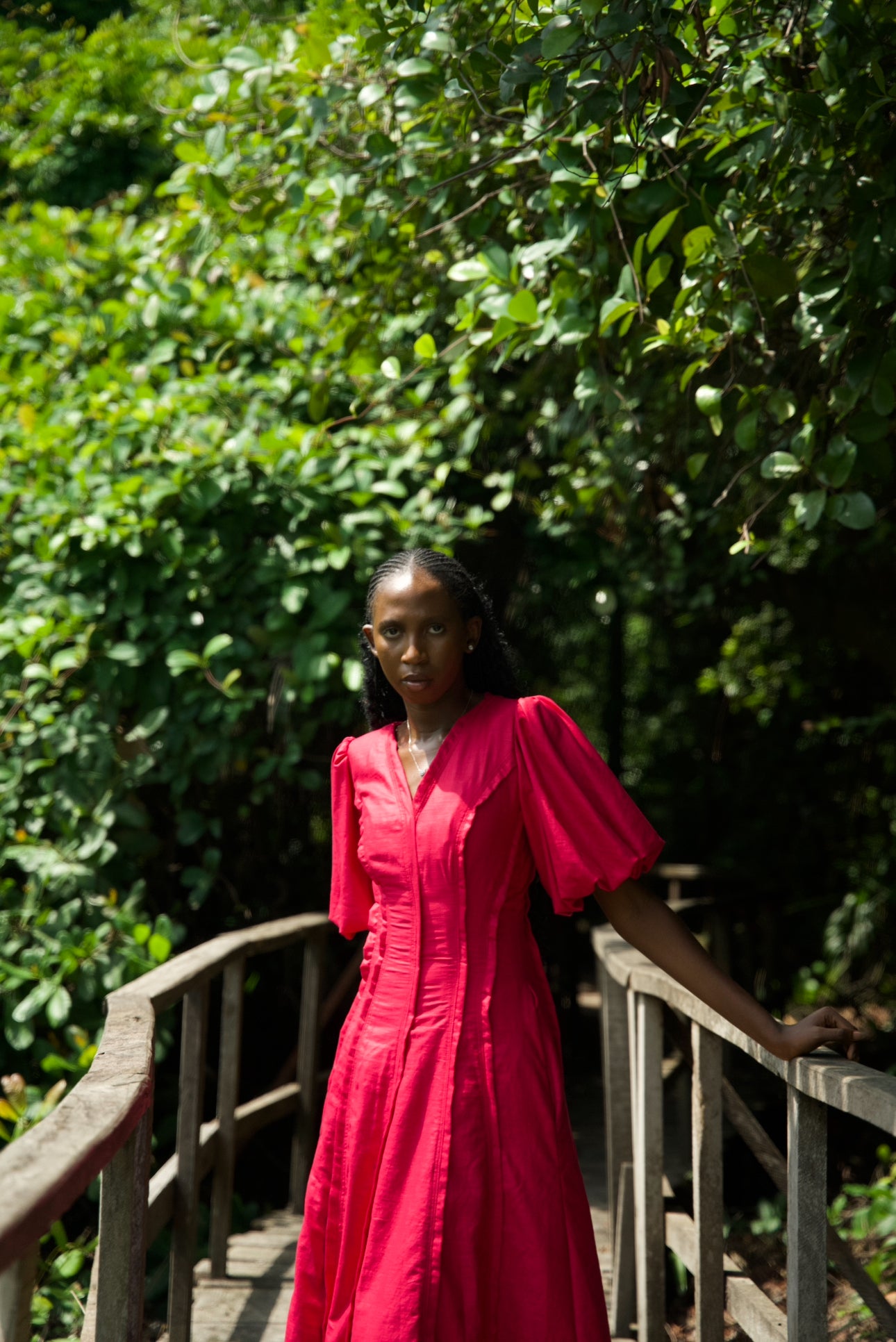 Linen Fuchsia Midi Puffer Sleeve Dress
