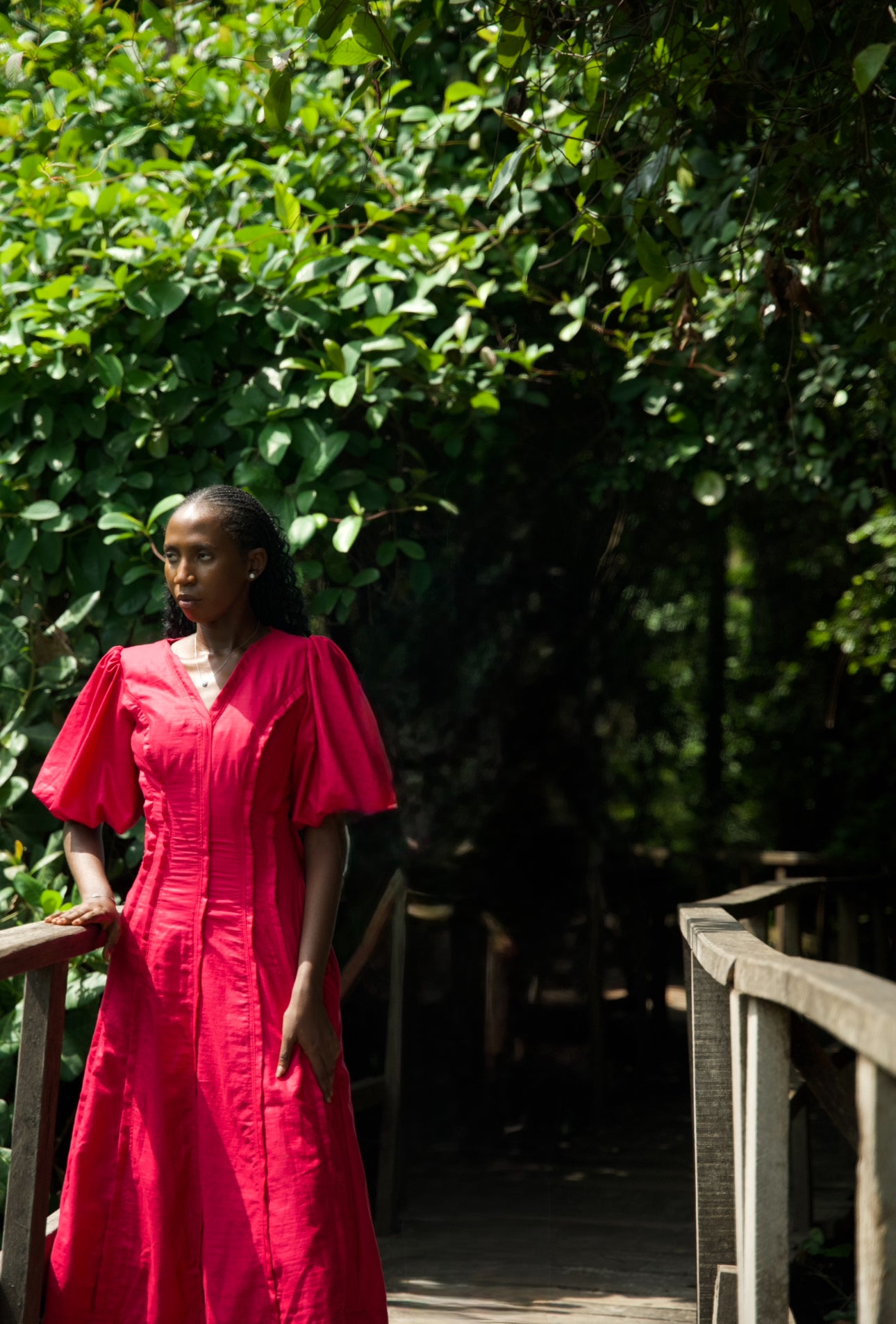 Linen Fuchsia Midi Puffer Sleeve Dress