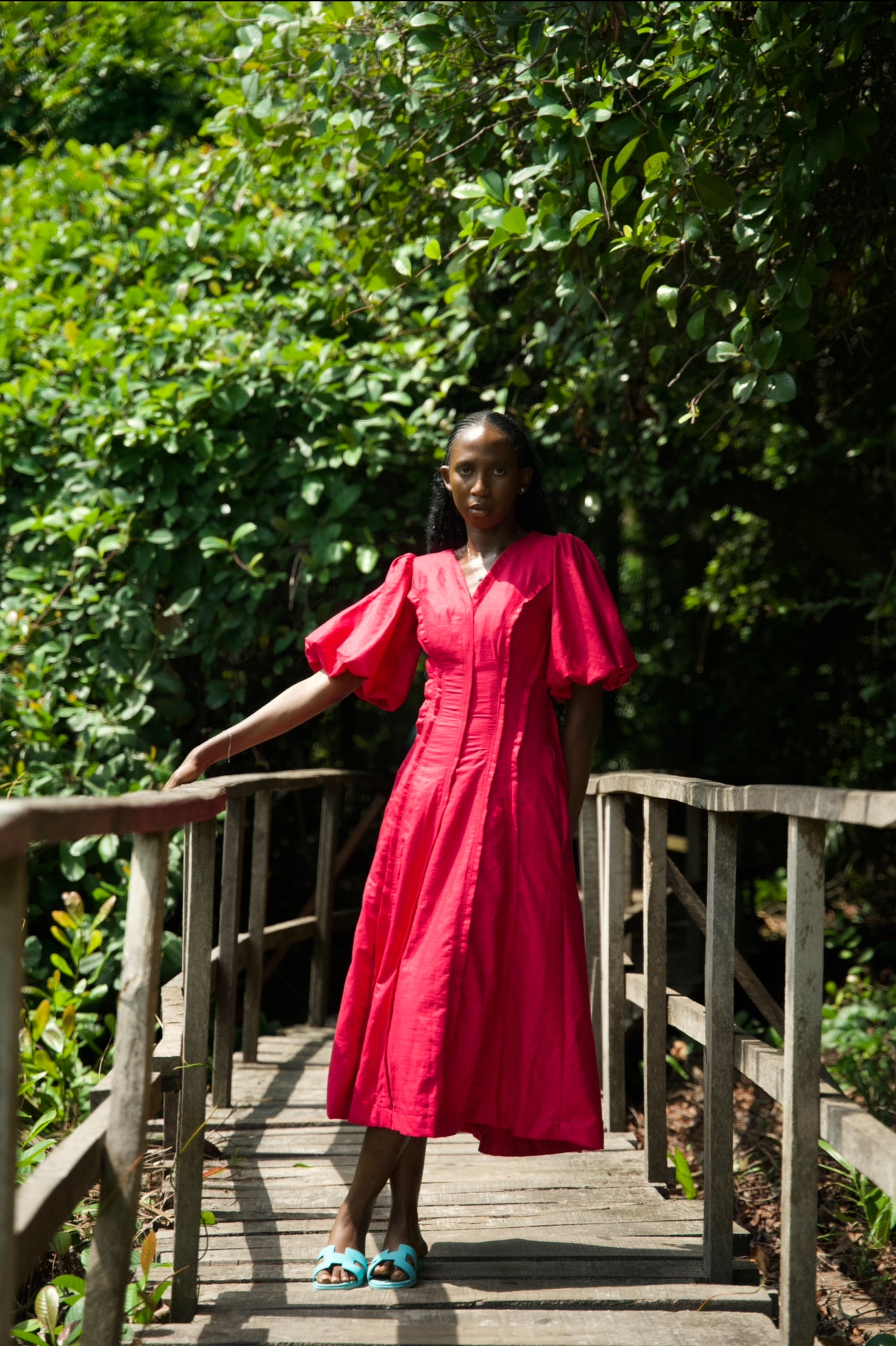 Linen Fuchsia Midi Puffer Sleeve Dress