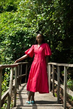 Linen Fuchsia Midi Puffer Sleeve Dress