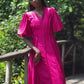 Linen Fuchsia Midi Puffer Sleeve Dress